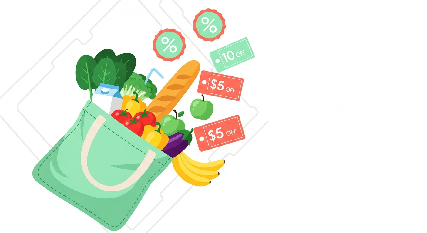 Bag of fresh groceries surrounded by coupon tags