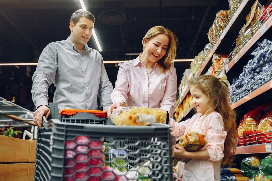 Family shopping together in a grocery store, illustrative stock photo